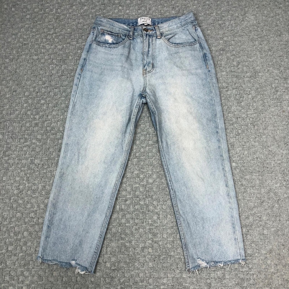 Twelve Jeans Womens 28 Blue High Rise Straight Crop Raw Hem Distressed Denim